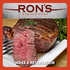 Photo of a sirloin steak with Ron's Steakhouse logo